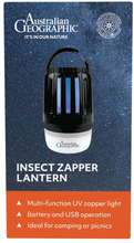 Load image into Gallery viewer, Australian Geographic branded insect zapper lantern packaging on a dark blue starry background with an orange band at the bottom and product photo of the lantern centered.