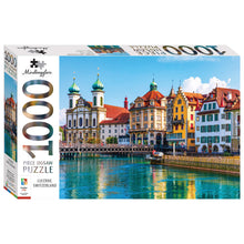 Load image into Gallery viewer, Jigsaw puzzle box featuring a scenic view of Lucerne, Switzerland with colorful buildings and a river.