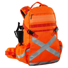 Load image into Gallery viewer, Orange backpack with reflective stripes on a white background