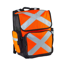 Load image into Gallery viewer, Orange safety backpack with reflective X-pattern on a white background