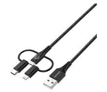 Load image into Gallery viewer, Comsol 3-in-1 Charge & Sync Cable 1.2m Black - Micro USB/Lightning/USB-C Adapters AUCPMBK