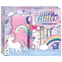 Load image into Gallery viewer, Secret Glitter Stationery Kit packaging with unicorn and rainbow design
