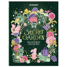 Load image into Gallery viewer, Decorative sticker colouring book titled 'Secret Garden' by Artmaker with floral and nature-themed illustrations on a dark green background.