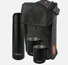 Load image into Gallery viewer, Black thermos and mugs with a carrying bag on a white background