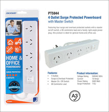 Load image into Gallery viewer, Jackson Home & Office 4 Outlet Surge Protected Powerboard With Master On/Off Switch - PT5944
