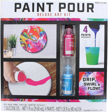Load image into Gallery viewer, Paint Pour Deluxe Art Kit packaging with images of paint pouring and a colorful artwork.
