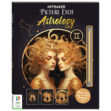 Load image into Gallery viewer, Artbook titled 'Picture Etch Astrology' by Atemaker with gold illustrations of two women and celestial design on a black background.
