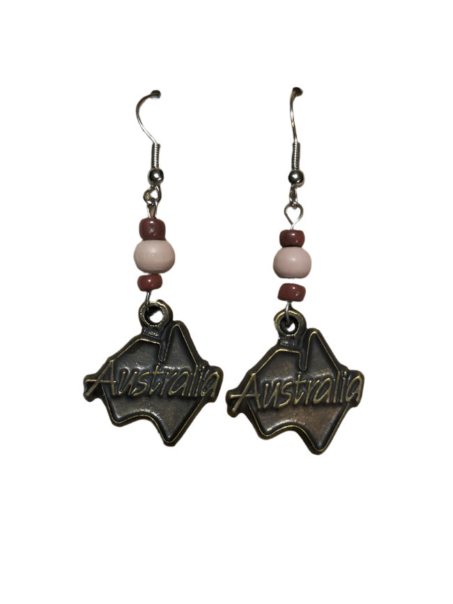 Earrings Aussie Map with Wooden Beads