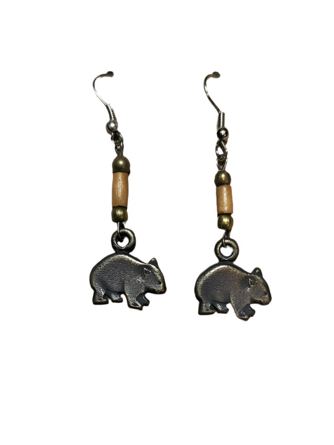 Earrings Wombat with Wooden Beads