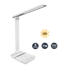 Load image into Gallery viewer, Sansai White LED desk lamp with specifications on a white background
