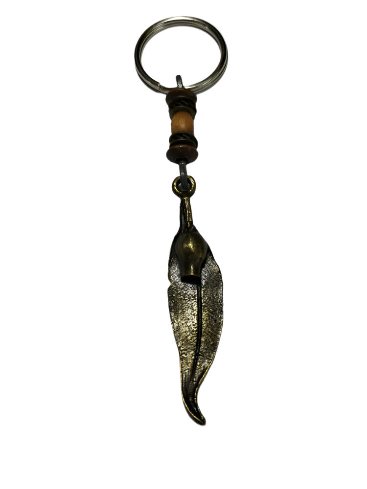 Keyring Eucayptus Leaf Pendant & Wooden Beads