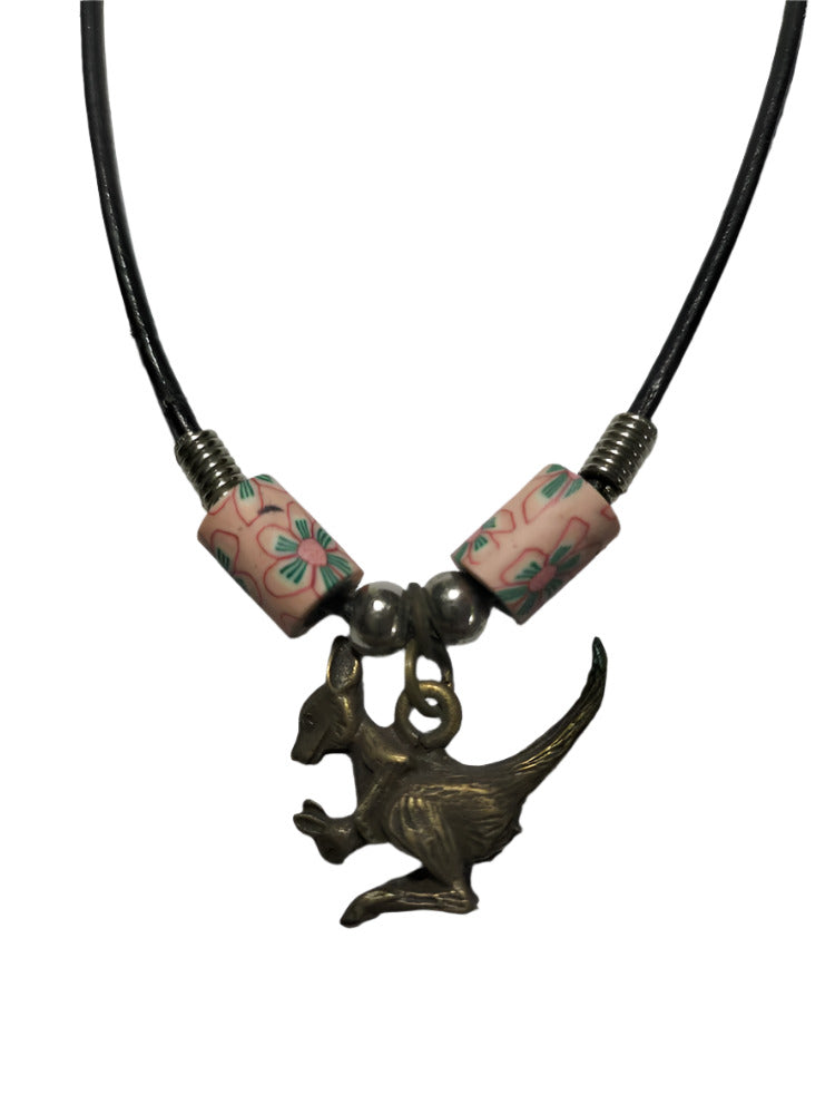 Necklace Kangaroo/Joey Pendant with Fimo Clay Beads