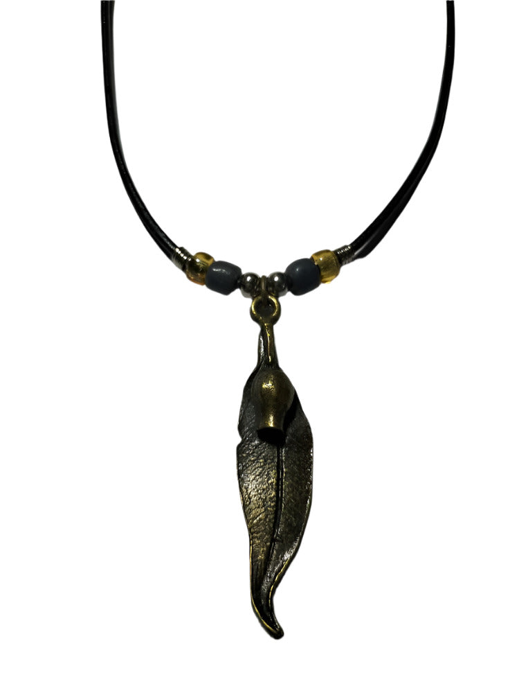 Necklace Eucalyptus Leaf Pendant with Pony Ceramic Beads