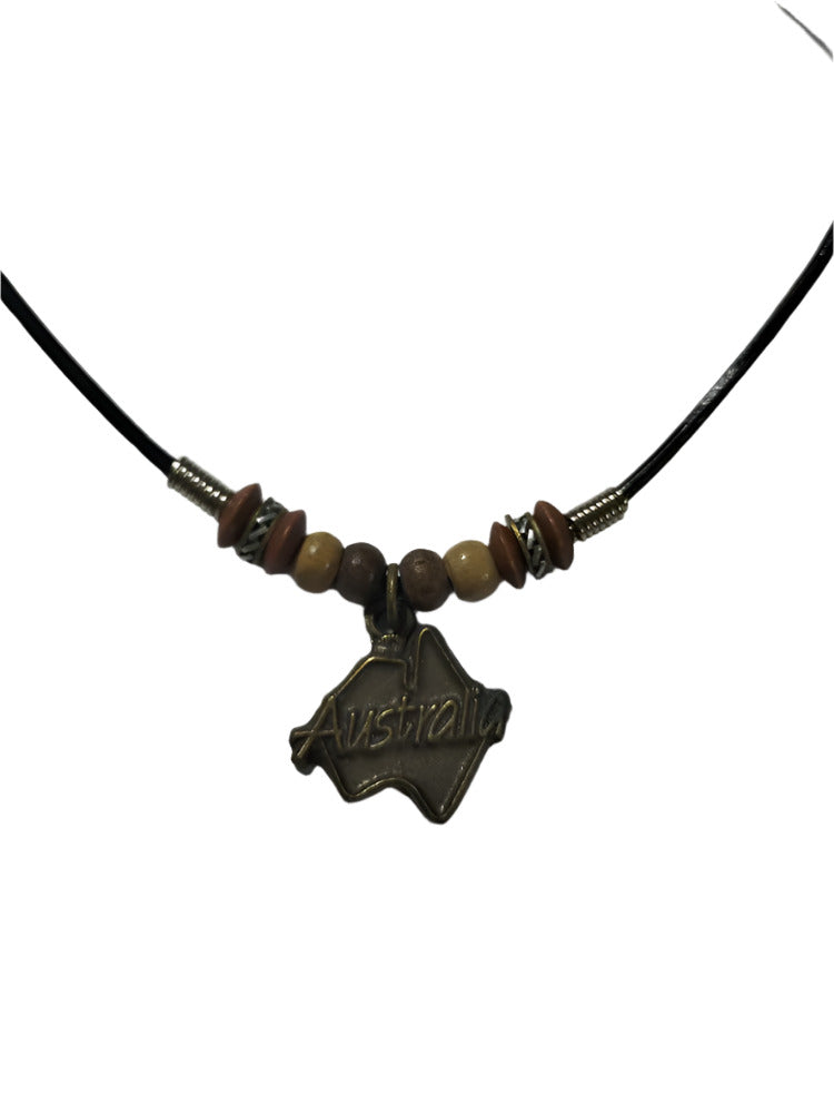 Necklace Aussie Map Pendant with Wooden Beads