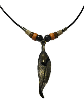 Necklace Eucalyptus Leaf Pendant with Wooden Beads
