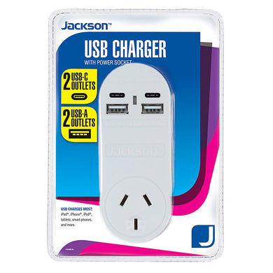 Jackson Outlet Power Adapter with 4 USB Charging Ports (2 x USB-A & 2 x USB-C) PT4USB3C