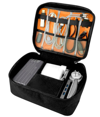 Black travel organizer with electronic accessories on a white background