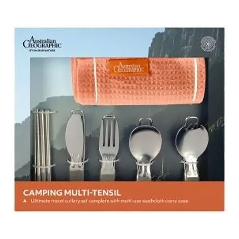 Camping multi-tensil set with cutlery and washcloth in packaging, featuring Australian Geographic branding.