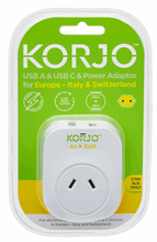 Load image into Gallery viewer, Korjo USB A &amp; C Power Adaptor for Italy/Switzerland
