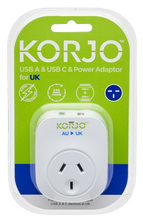 Load image into Gallery viewer, Korjo USB A+C &amp; Power Adaptor for UK - USBACUK
