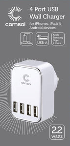 Comsol 22W 4 PORT USB-A Wall Charger White - WC445WH