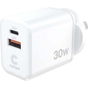 Comsol Dual Port USB-C & USB-A Wall Charger 30W White - WCCA301W