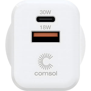 Comsol Dual Port USB-C & USB-A Wall Charger 30W White - WCCA301W