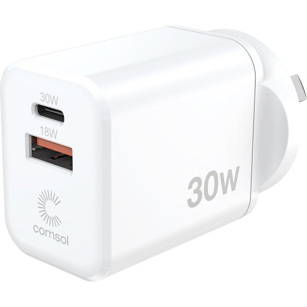 Comsol Dual Port USB-C & USB-A Wall Charger 30W White - WCCA301W