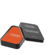 Load image into Gallery viewer, Black tin box with orange interior containing Australian Geographic water-resistant playing cards.
