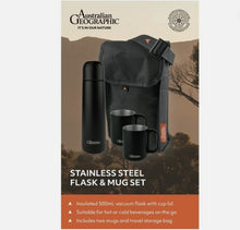 Load image into Gallery viewer, Australian Geographic stainless steel flask and mug set packaging with a scenic background
