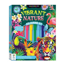 Load image into Gallery viewer, Kaleidoscope Vibrant Nature Colouring Kit packaging with colorful animals and nature elements.
