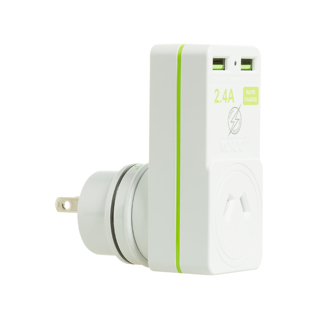 Korjo USB & Power 2 Port Travel Adaptor Plug for Australia & Japan - USB2X2JA