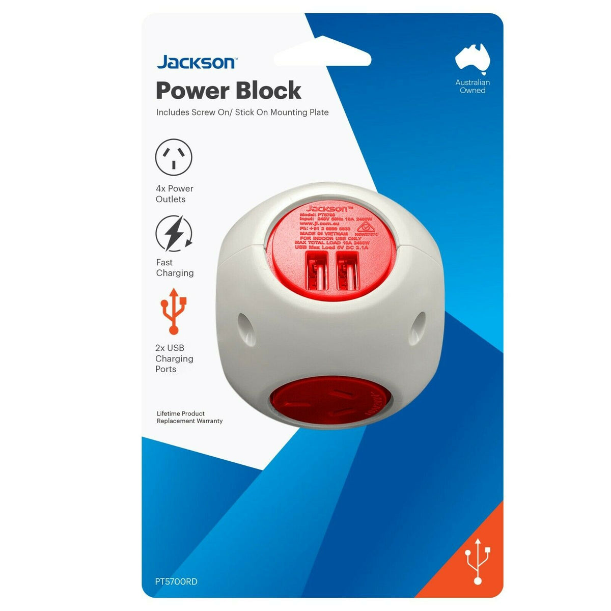 Jackson 4 Outlet Power Block W/ 2 USB Outlets 2.1Amp Fast Charge -PT57 ...